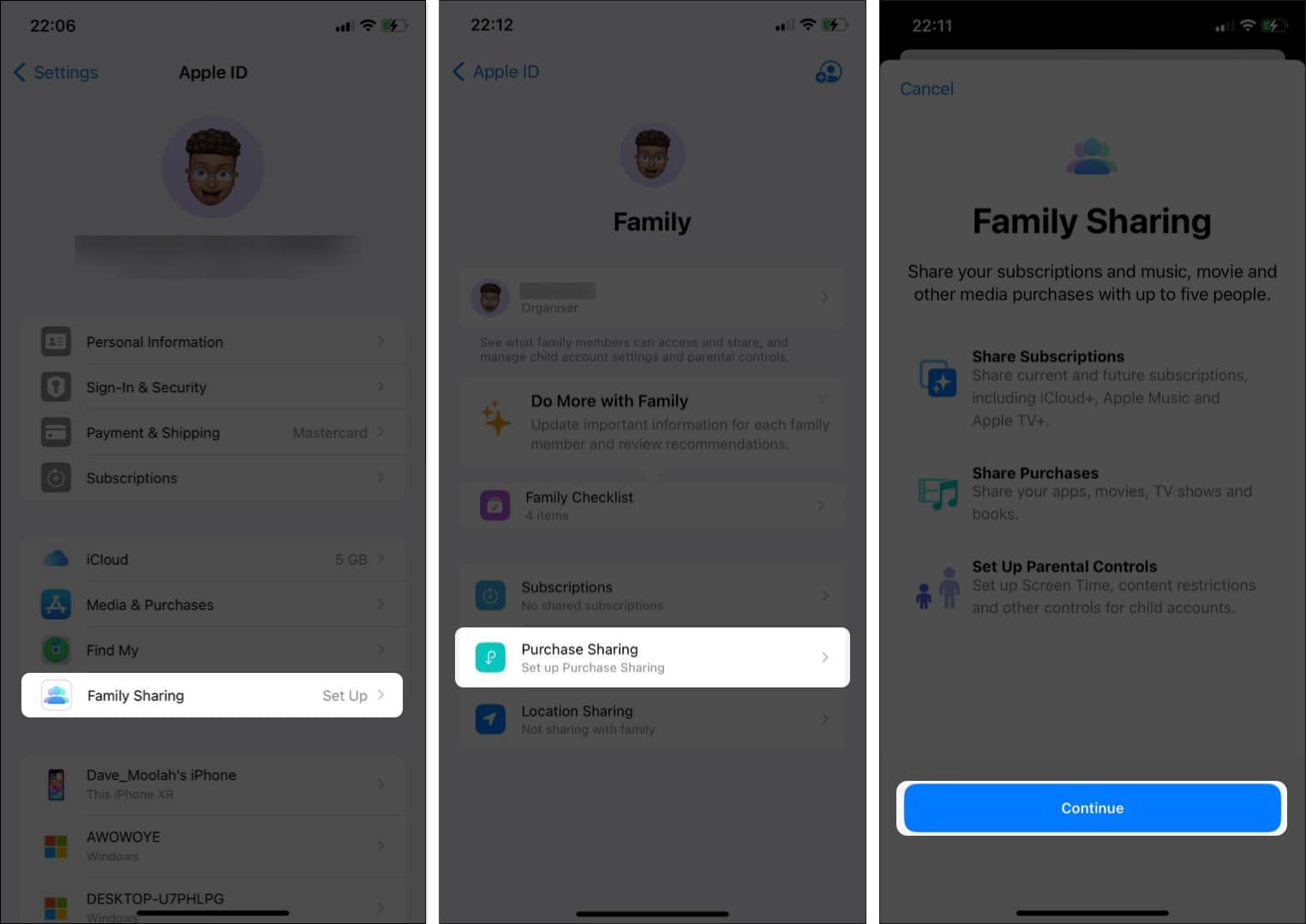 Family Sharing page in iPhone Settings app