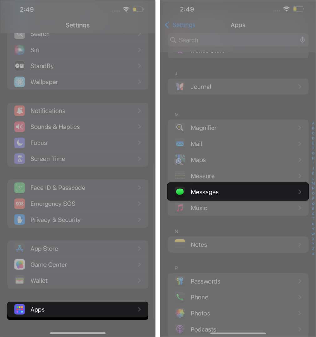Messages option in iPhone Settings app