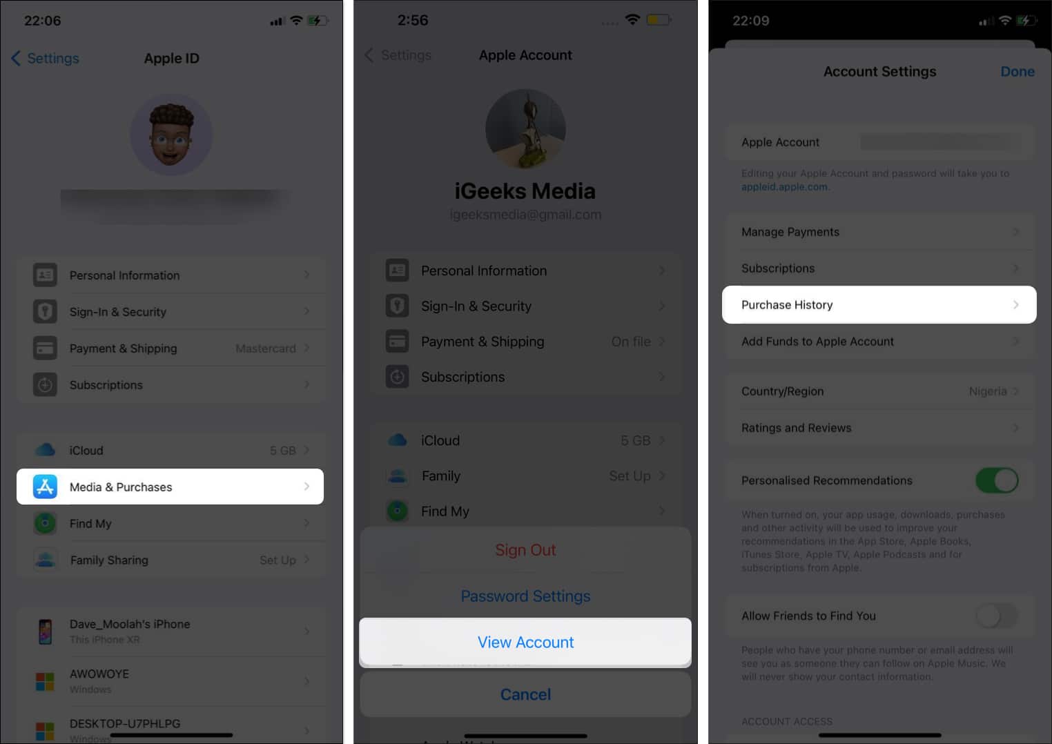 Apple IS and Purchase History pages on iPhone Settings app