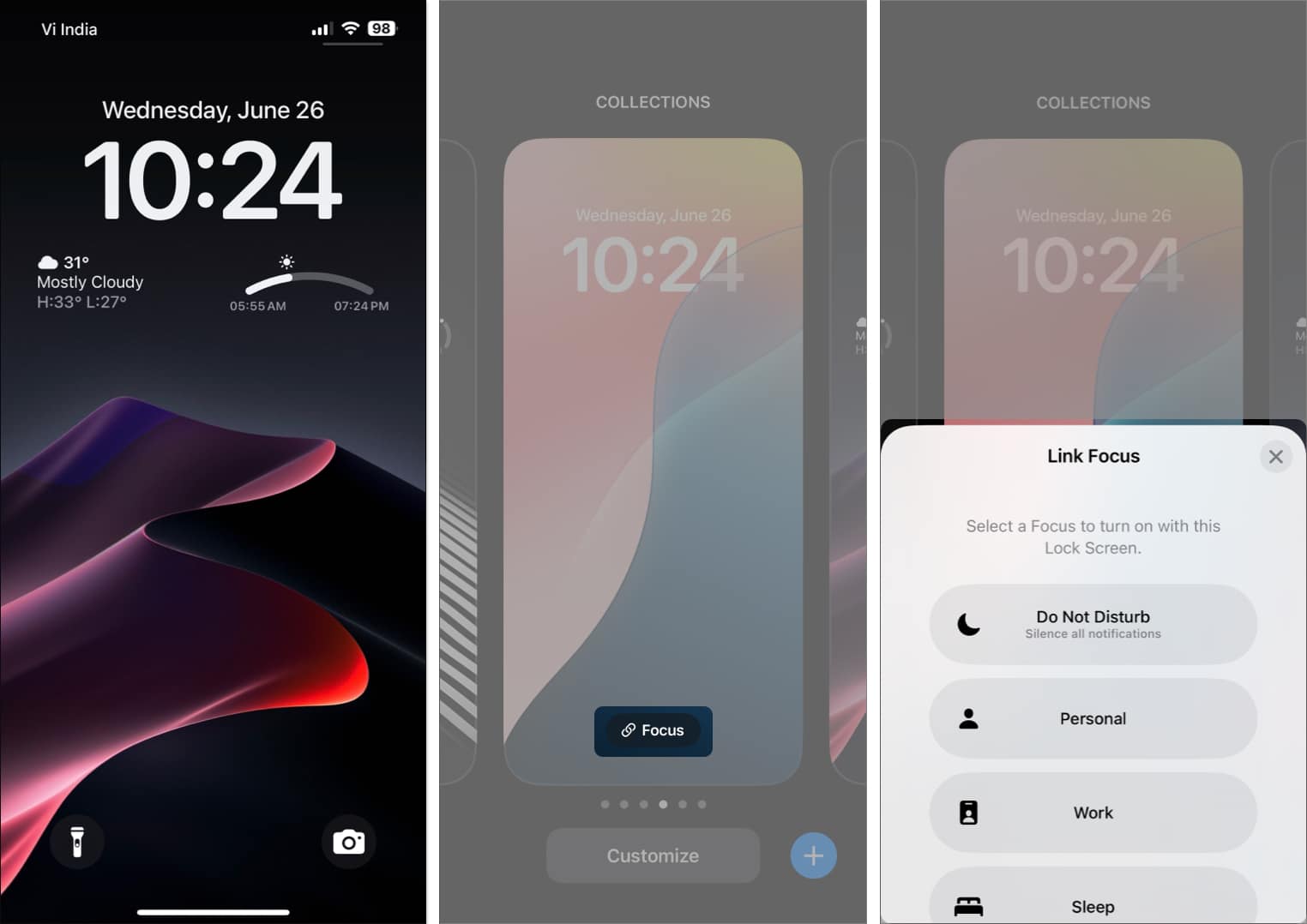 Do Not Disturb link option on iPhone Lock Screen