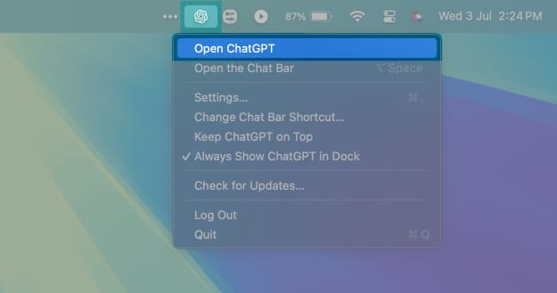 Open ChatGPT app on Mac from Menu Bar
