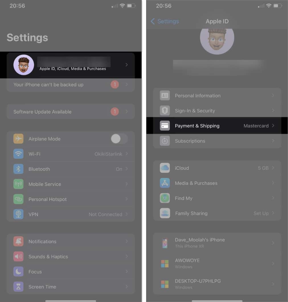 Payment  Shipping option under Apple account settings on an iPhone