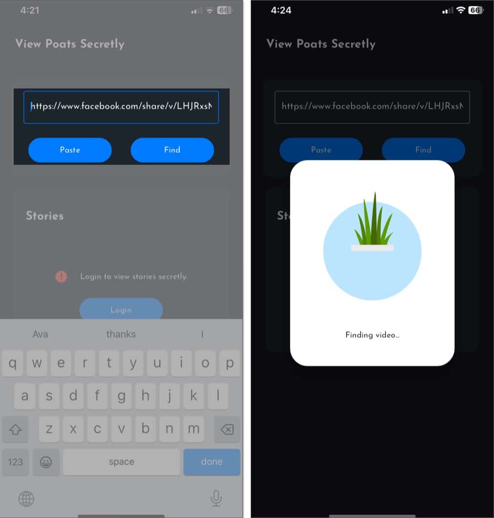 Looking up a Facebook video using the video URL in the FaceSave app on an iPhone