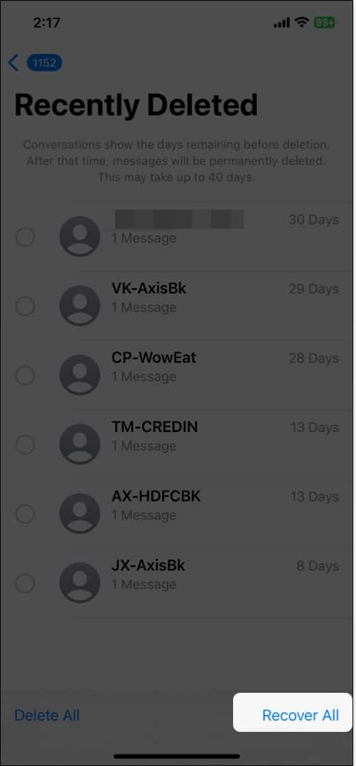 Recover All button on the Recently Deleted page in the iPhone Messages app