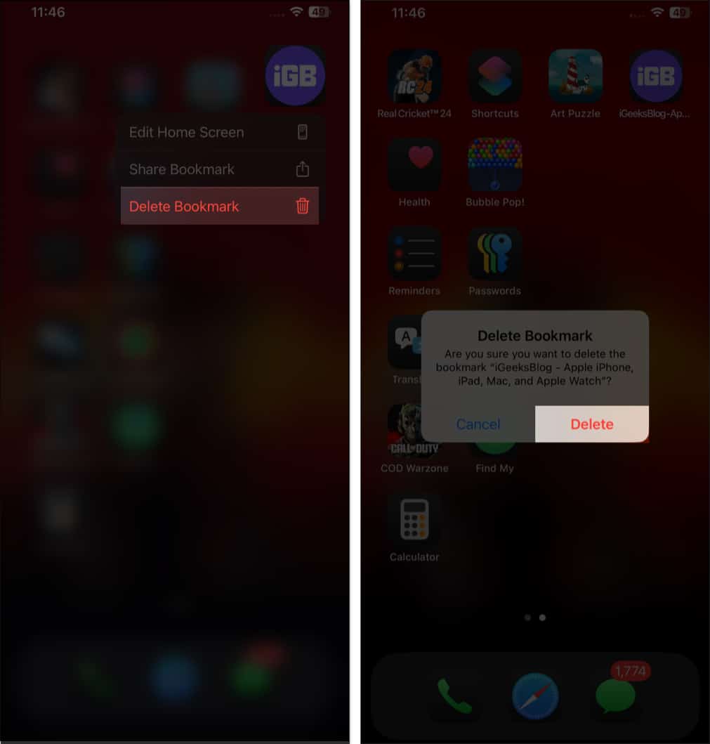 Delete Bookmark option for a website Home Screen icon on an iPhone