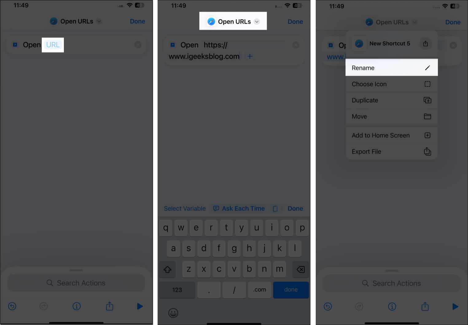Editing and modifying a website shortcut in the Shortcuts app on an iPhone