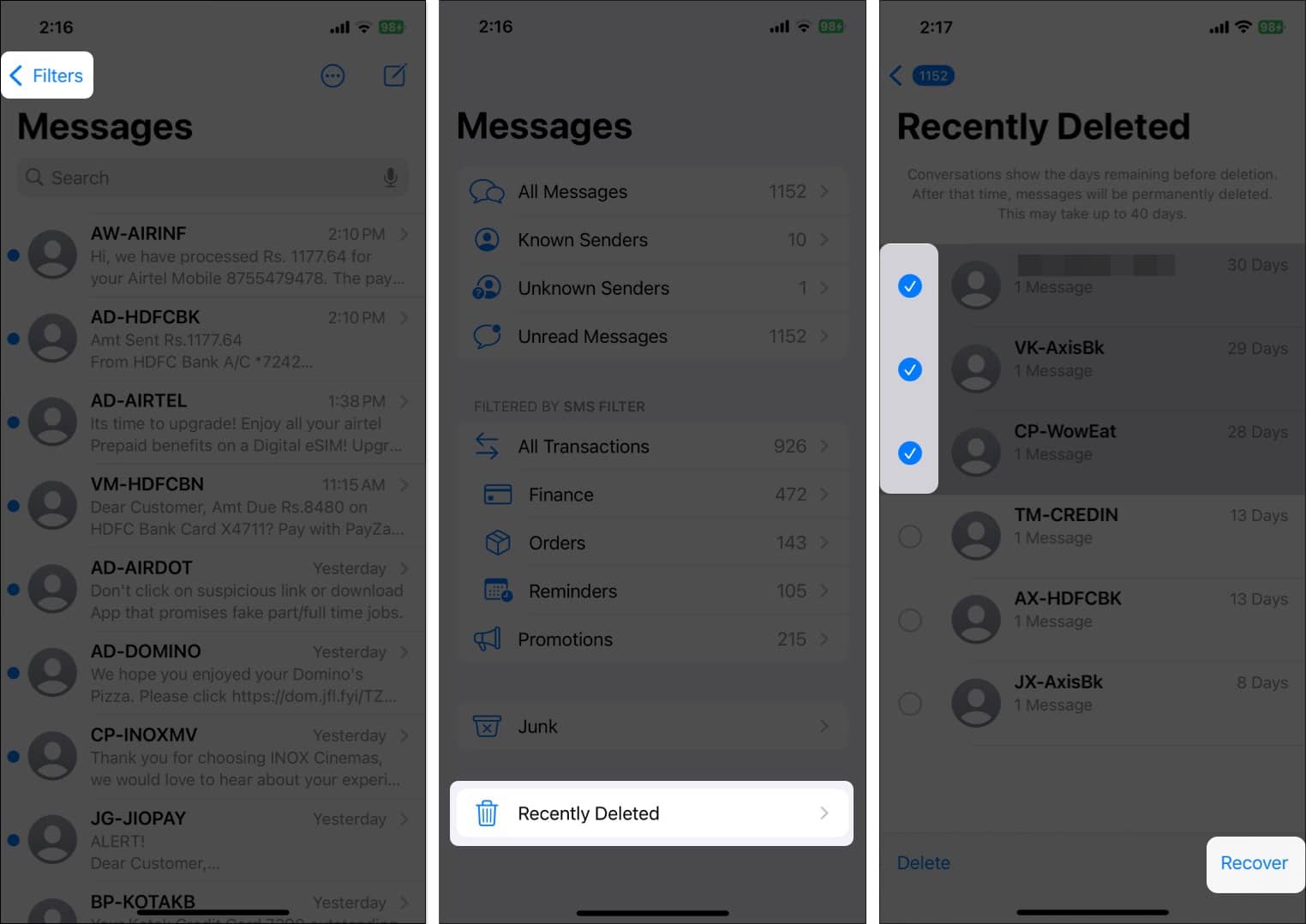 Selecting messages in the Recently Deleted folder on an iPhone for deletion