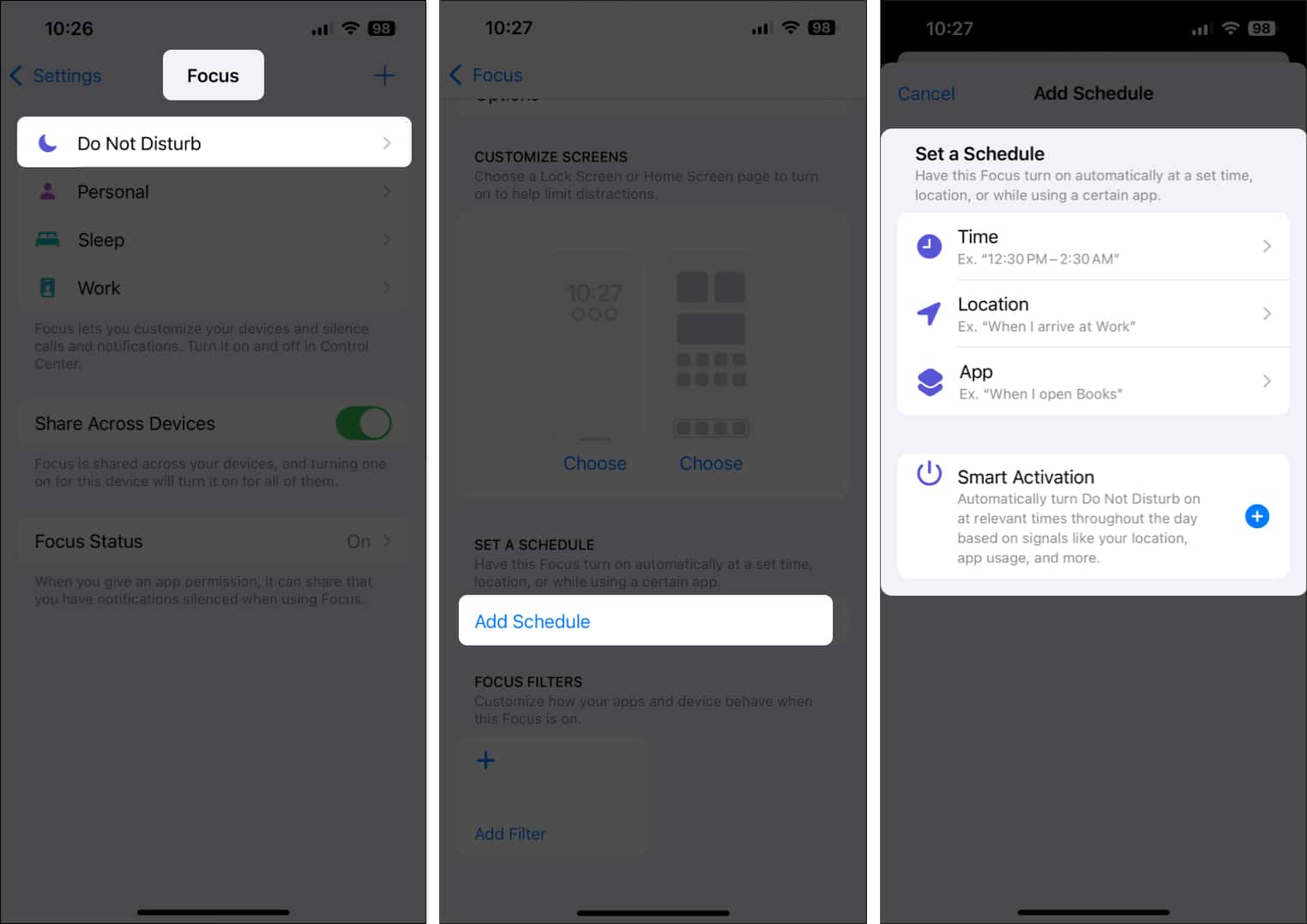 Schedule option for Do Not Disturb Focus in iPhone Settings