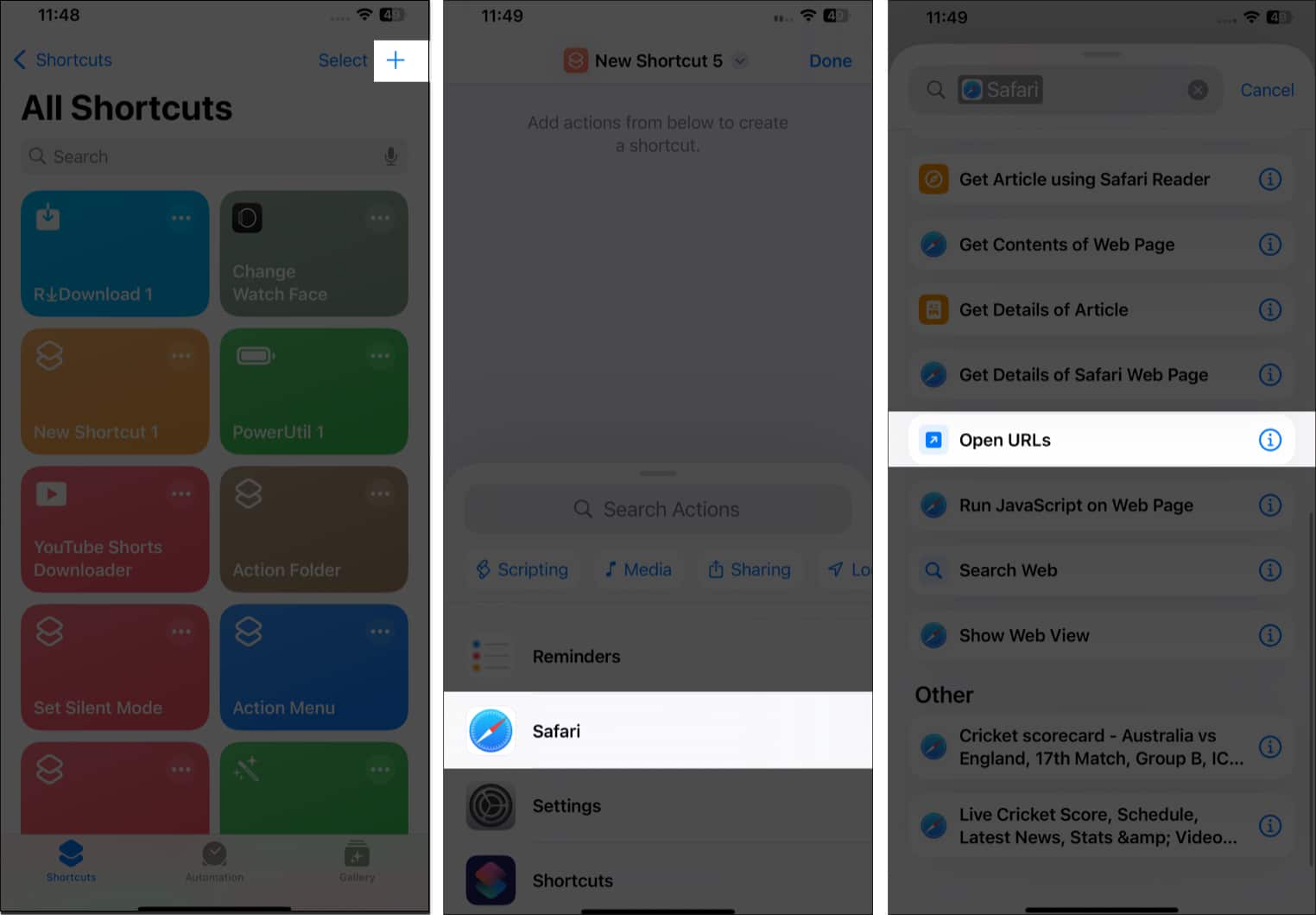 Creating a new iOS shortcut in the Shortcuts app with Safari's Open URLs action.