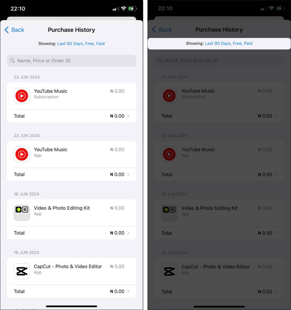 Purchase History with a list of App Store purcahses from the last 90 days on an iPhone