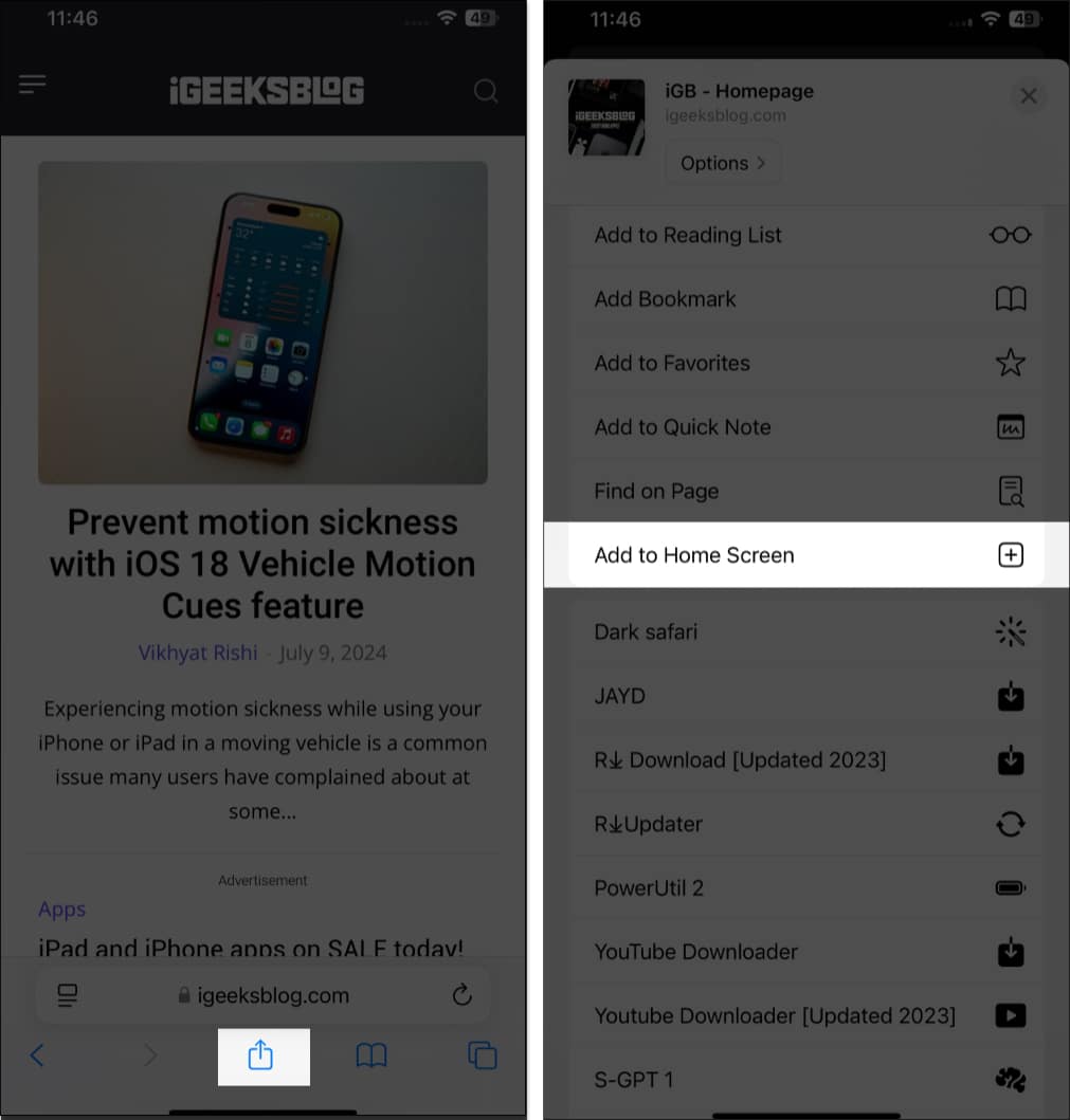 Add to Home Screen in Safari Share Sheet on iOS