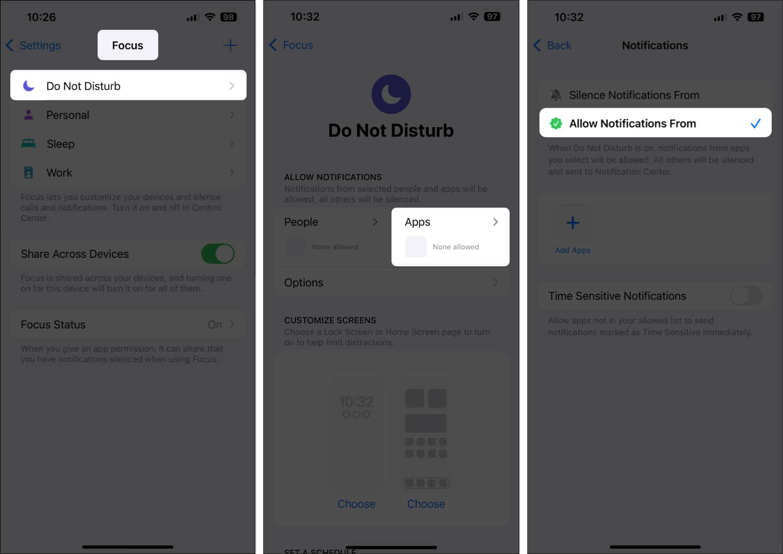 Allow Notifications From option in Do Not Disturb Focus setting on iPhone
