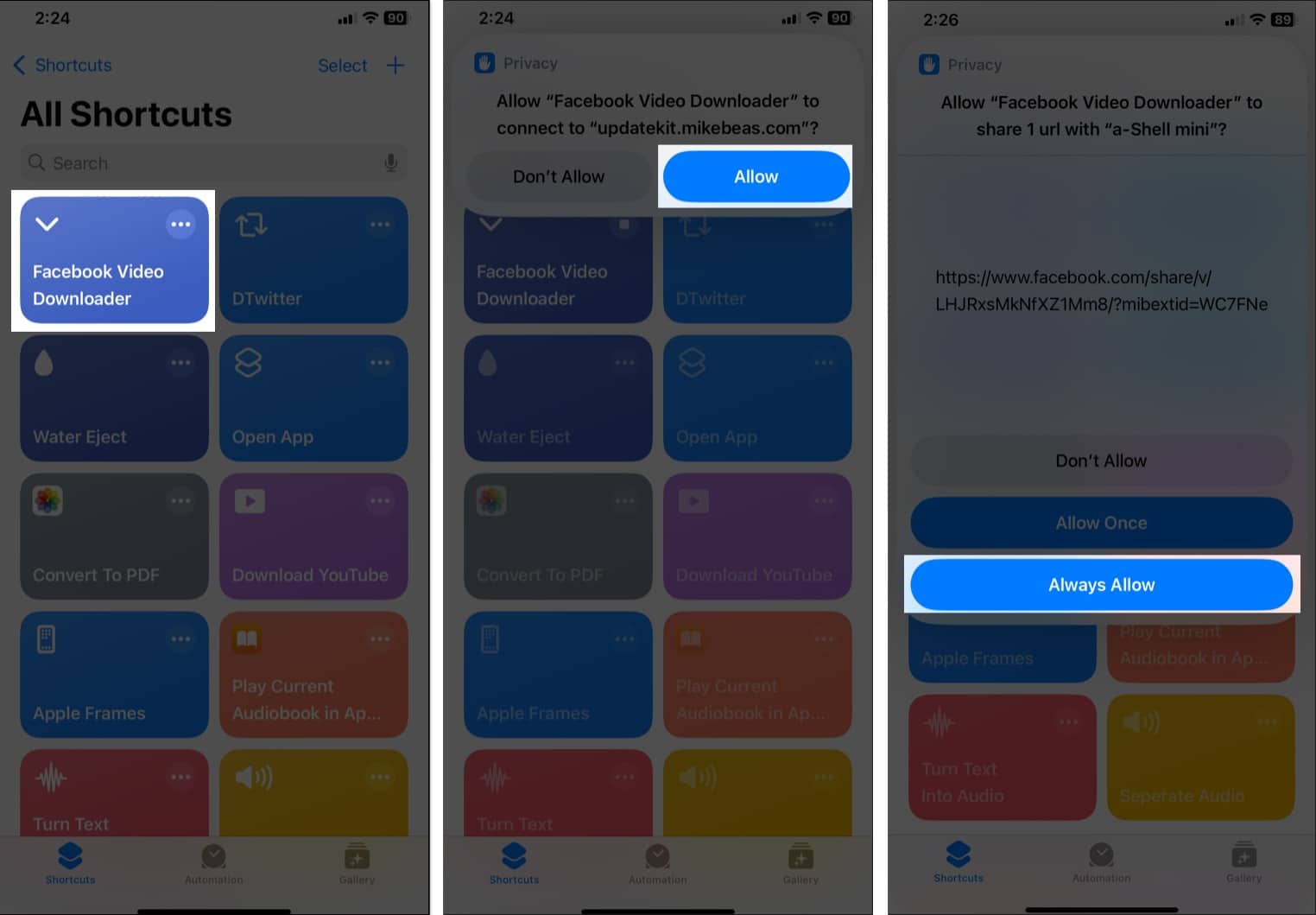 Prompts asking for permissions upon running the Facebook Wideo Downloader shortcut on an iPhone