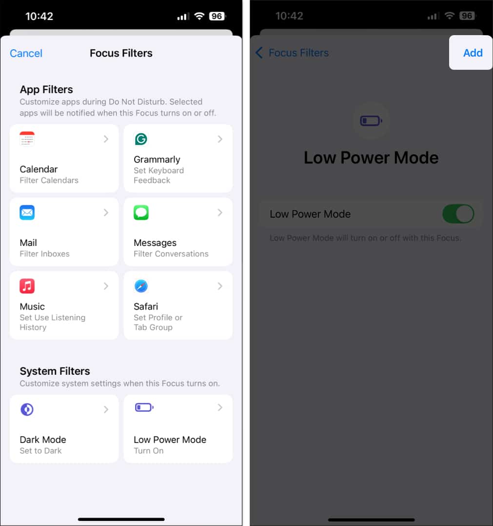 Filters screen in Do Not Disturb settings on iPhone to customize app and device behavior