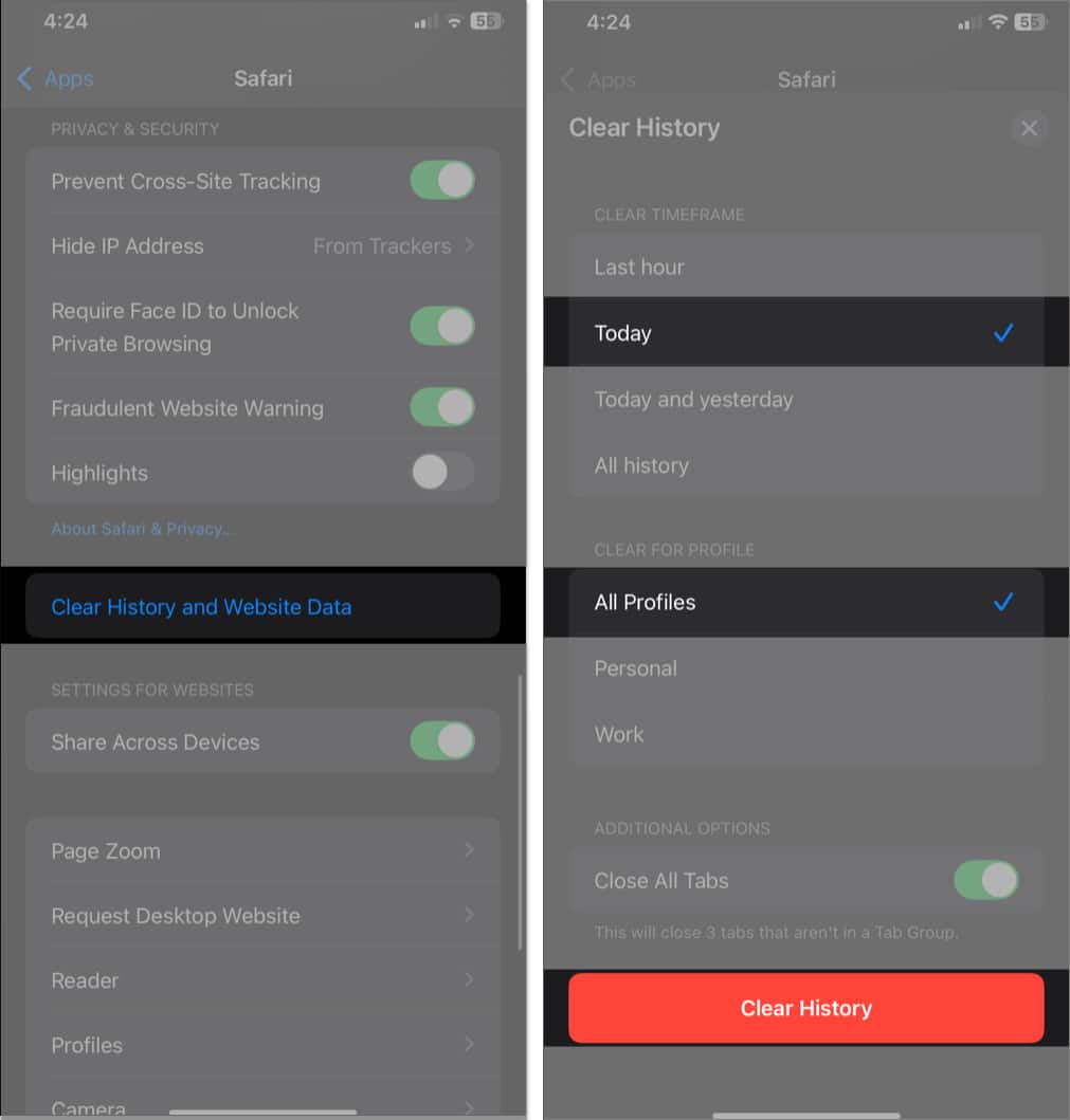 Clear History option in Safari settings on an iPhone