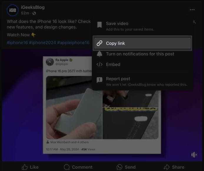 Copy Link button under a video on the Facebook website