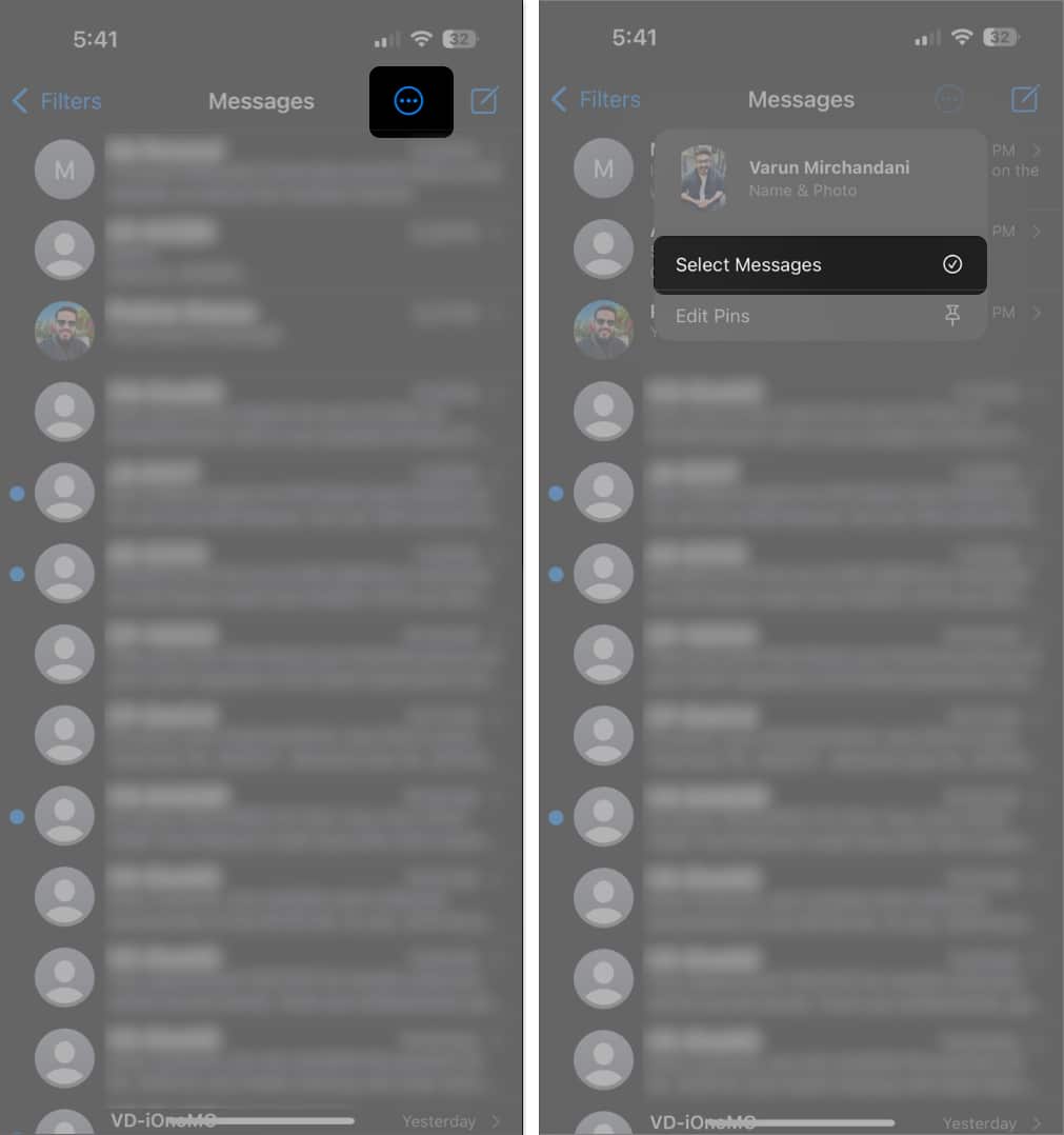 Select Messages option from the More menu in the iPhone Messages app