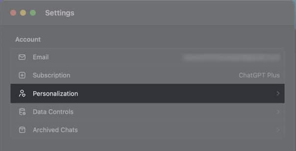 Select Personalization to customize ChatGPT app on Mac