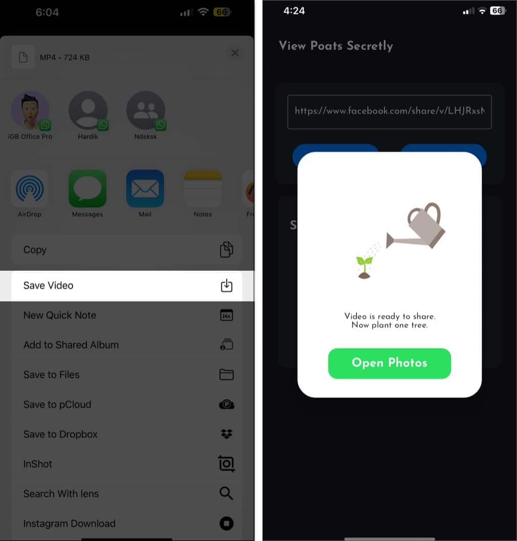 Save Video option in iOS Share Sheet to save a Facebook to the Photos app gallery
