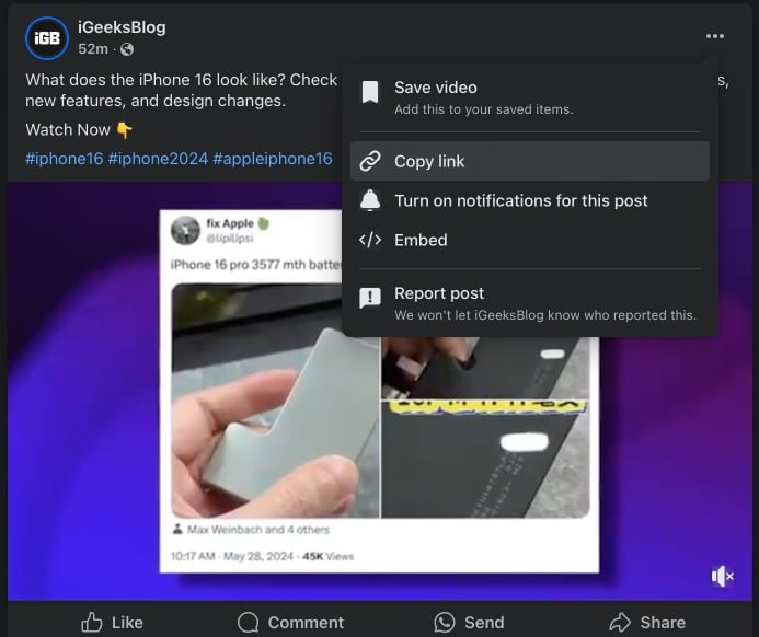 Save Video option on the Facebook website to save a video to watch later