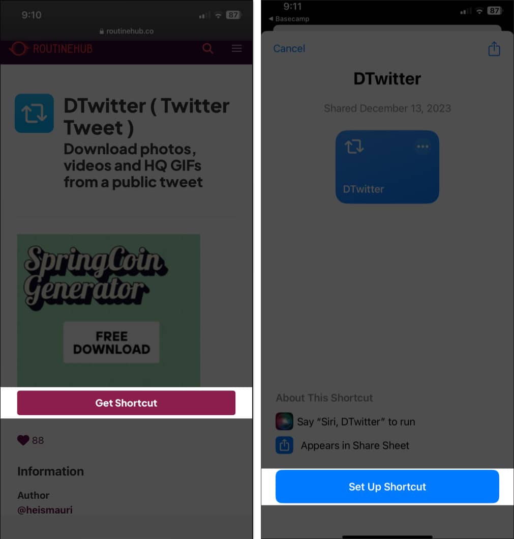 Get Shortcut and Set Up Shortcut buttons on the RoutineHub website to add the DTwitter shortcut to the Shortcuts app library