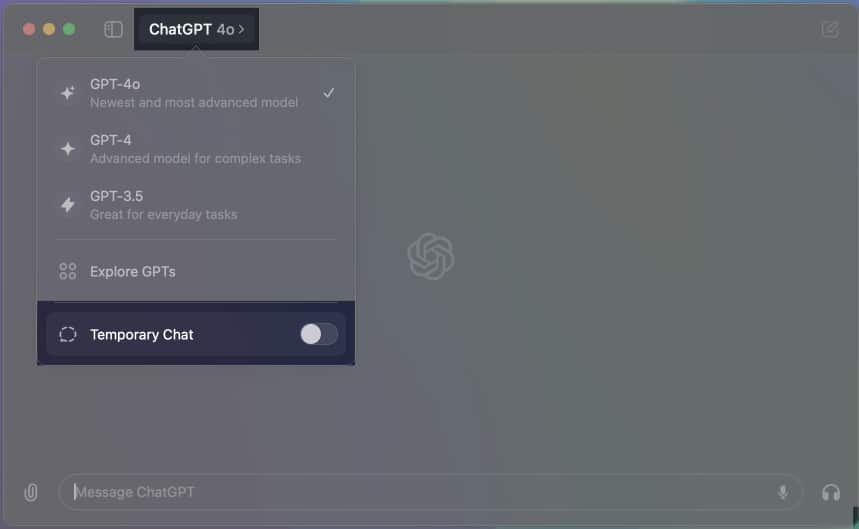 Select Temporary chat in ChatGPT on Mac