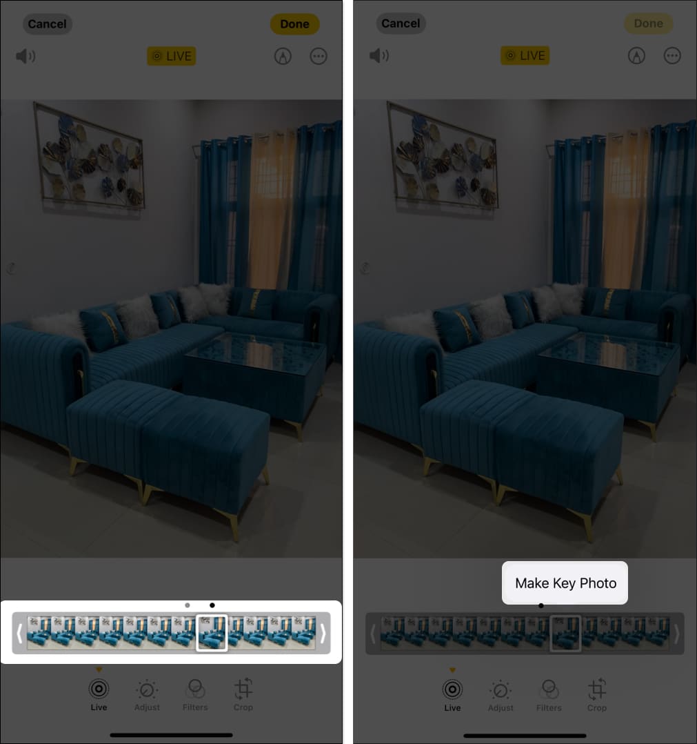 Selecting key frame for a Live Photo in iPhone Photos app