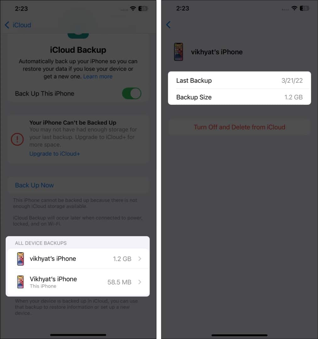 List of available backups in the iCloud Backup page on an iPhone
