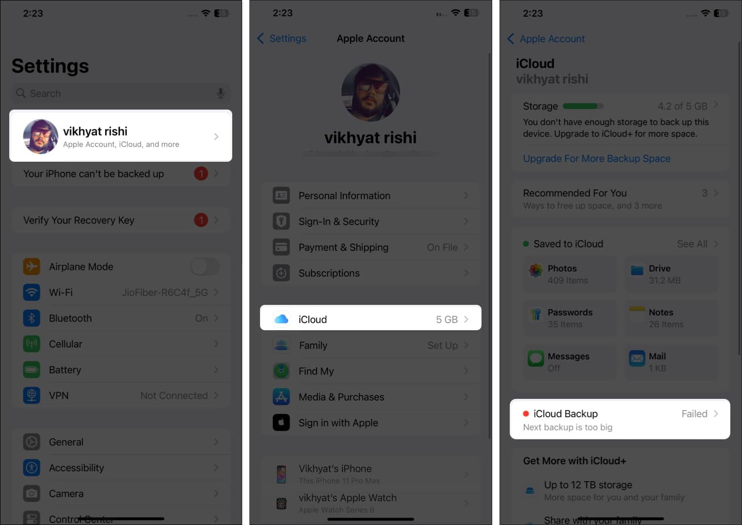 iCloud Backup option on the Apple Account page in iOS Settings app an iPhone
