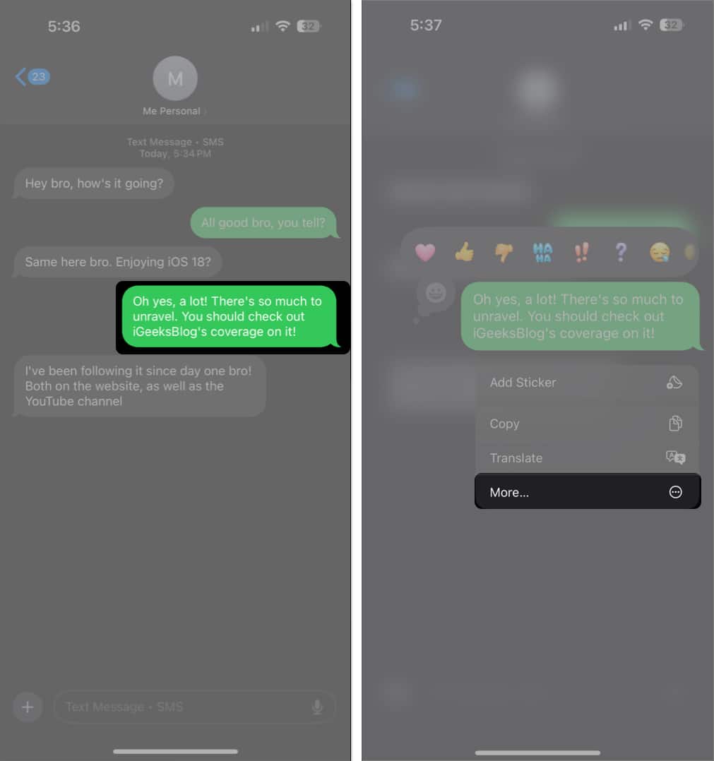 More option on a selected message in the iPhone Messages app