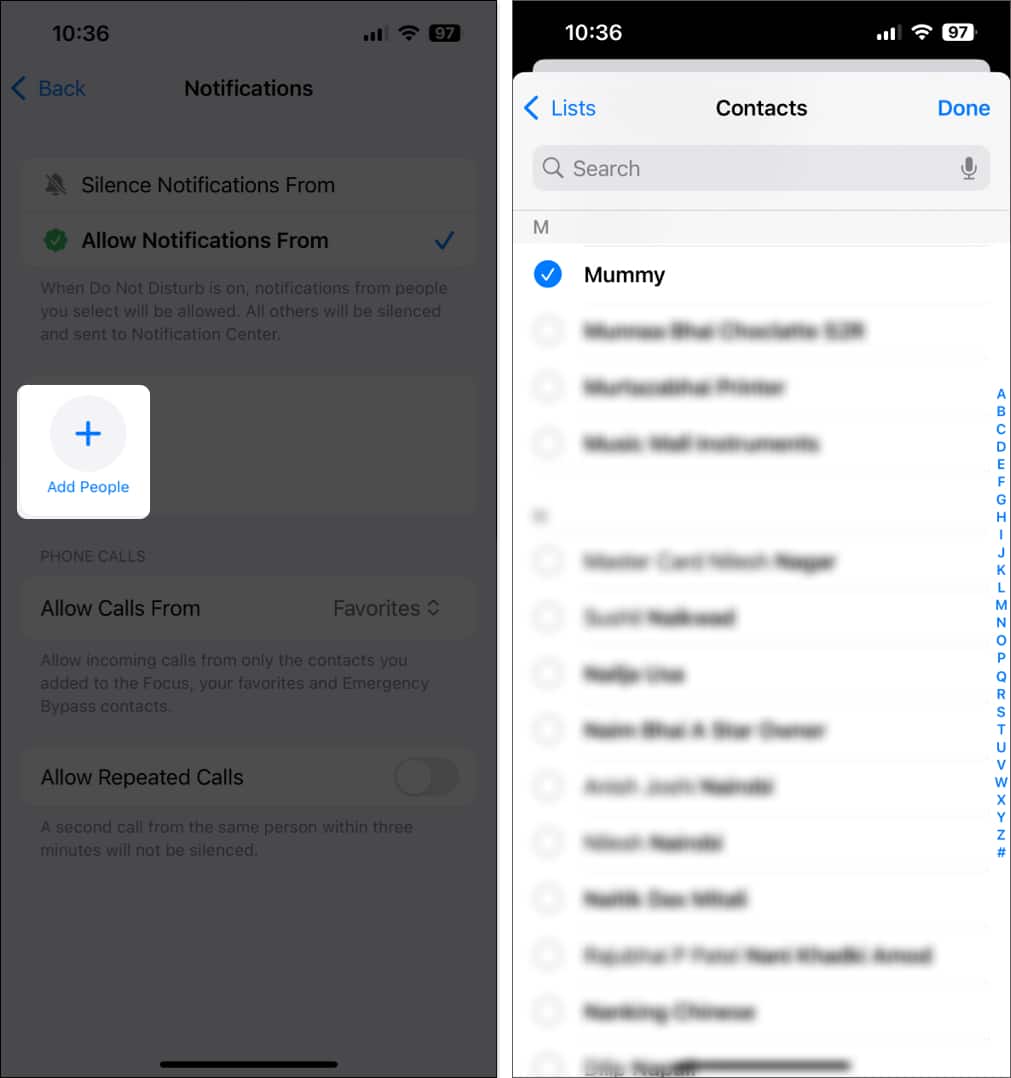 Add People option in Do Not Disturb Focus setting on iPhone to allow notifications from specific people