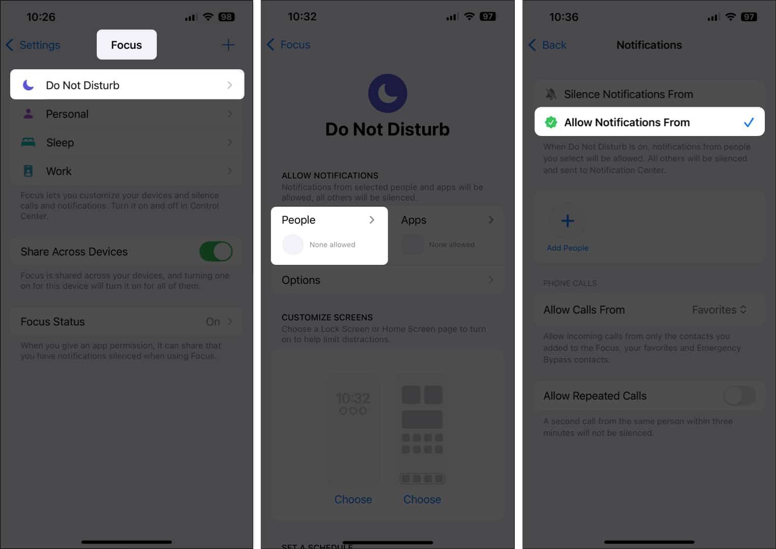 Allow Notifications From option in Do Not Disturb Focus setting on iPhone