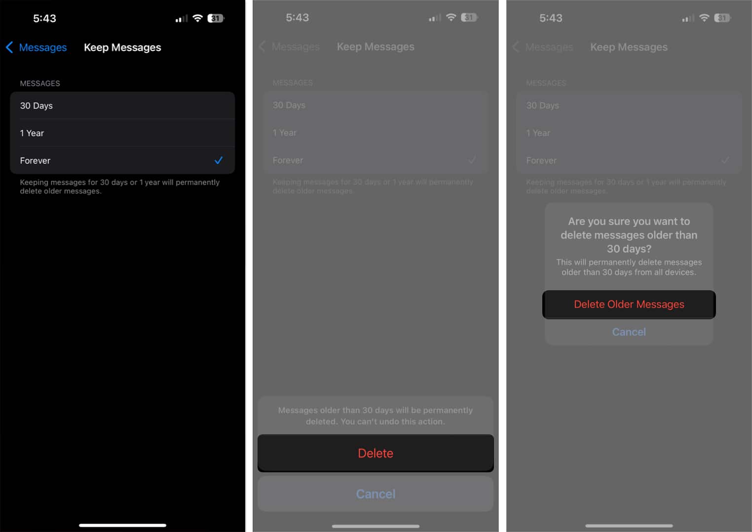 Keep Messages screen with different time frame options to delete messages automatically