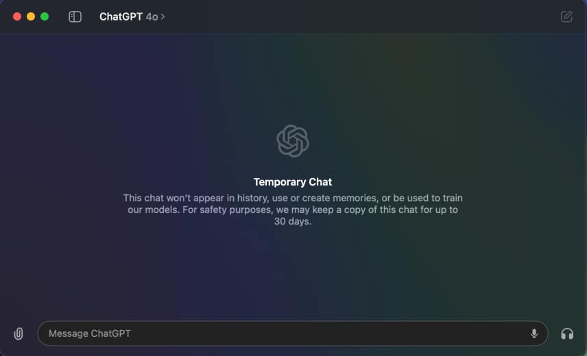 Start Temporary chat in ChatGPT app on Mac