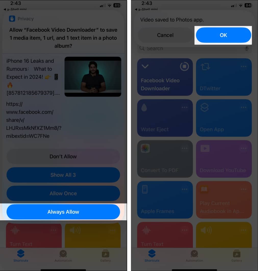 Facebook Video Downloader shortcut asking for access to the iOS Photos app