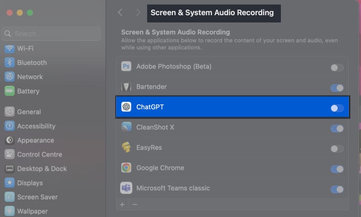 Toggle besides ChatGPT on Screen and System Audio Recording page