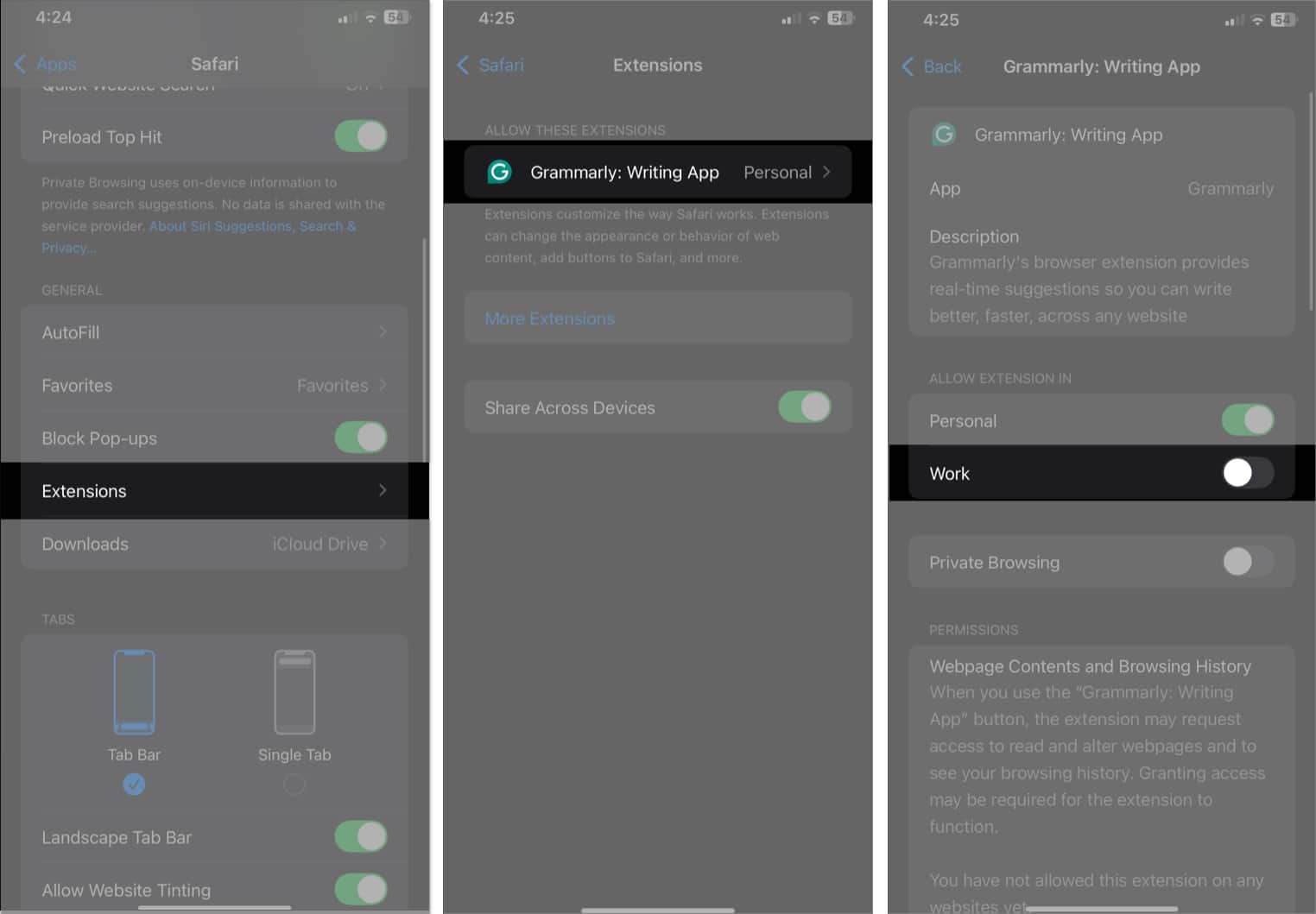Safari extensions page in iPhone Settings