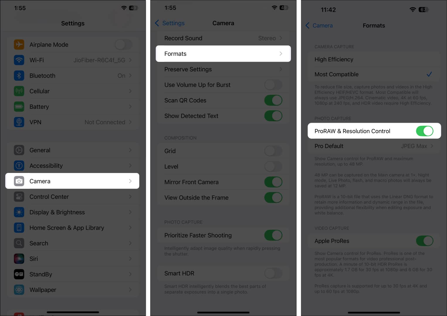 ProRAW and Resolution Control option in iPhone Settings app