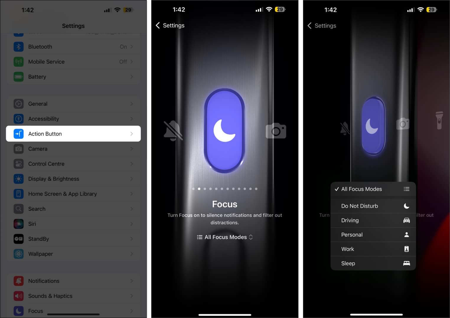 Do Not Disturb action for Action Button in iPhone Settings app