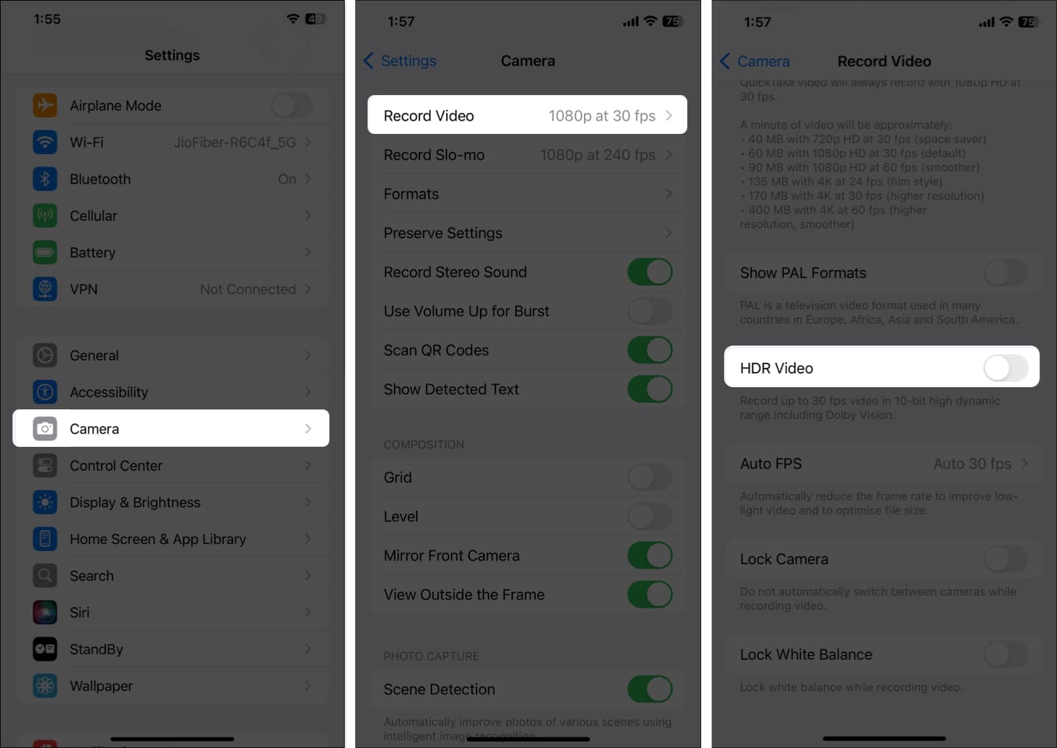 HDR Videos settings for iPhone Camera in Settings app