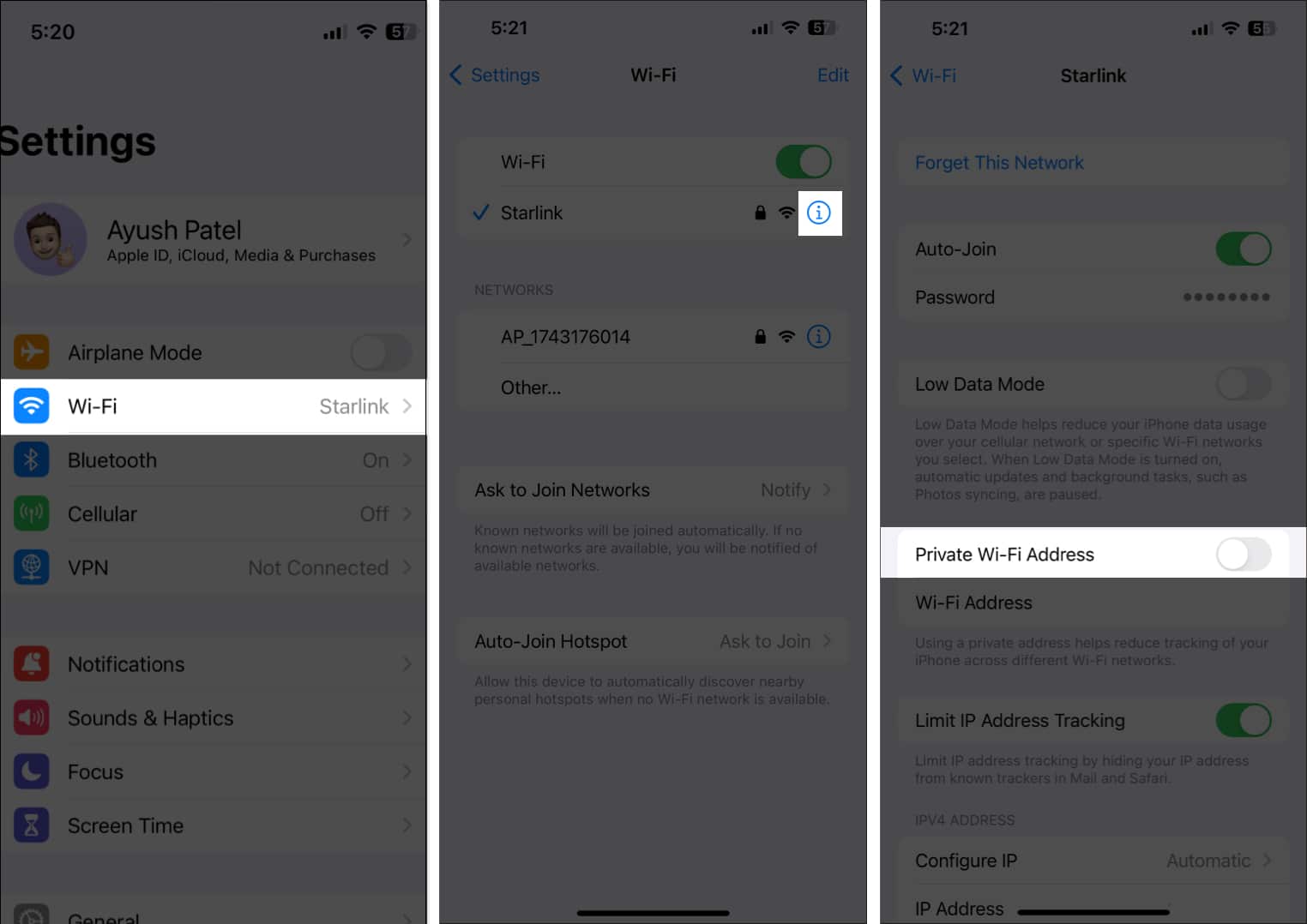 Private Wi Fi Address option in the Settings app on an iPhone