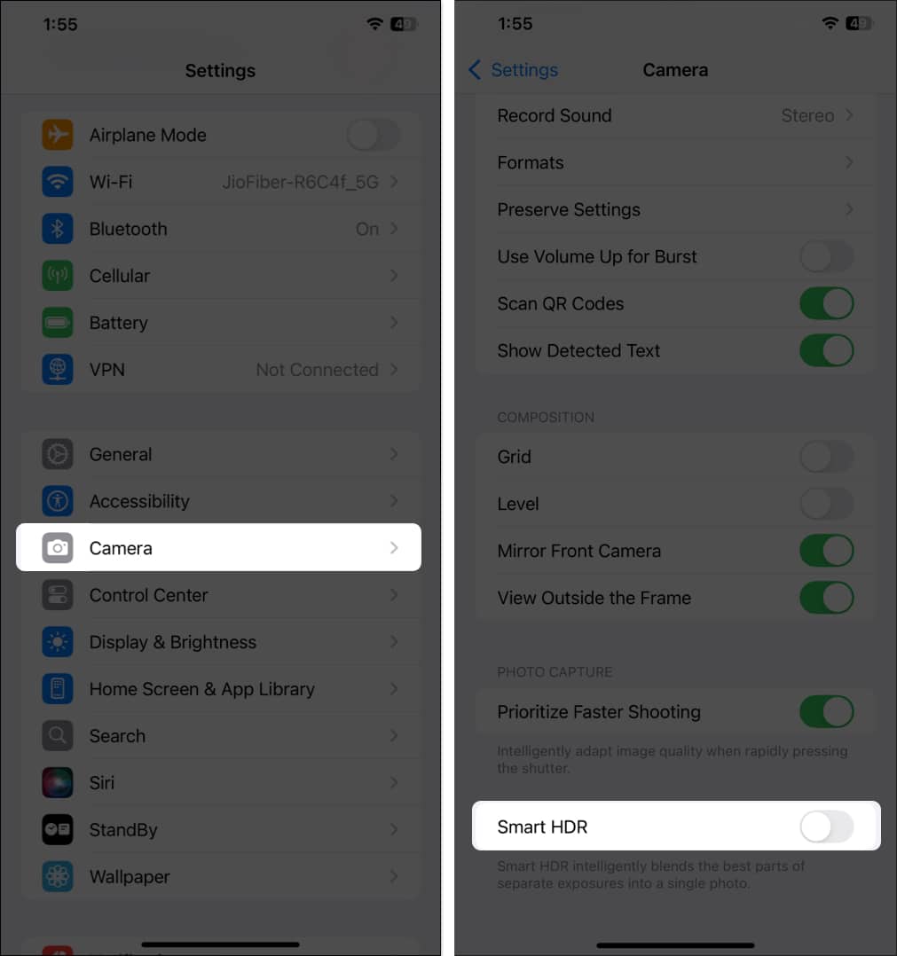 Smart HDR settings in iPhone Settings app