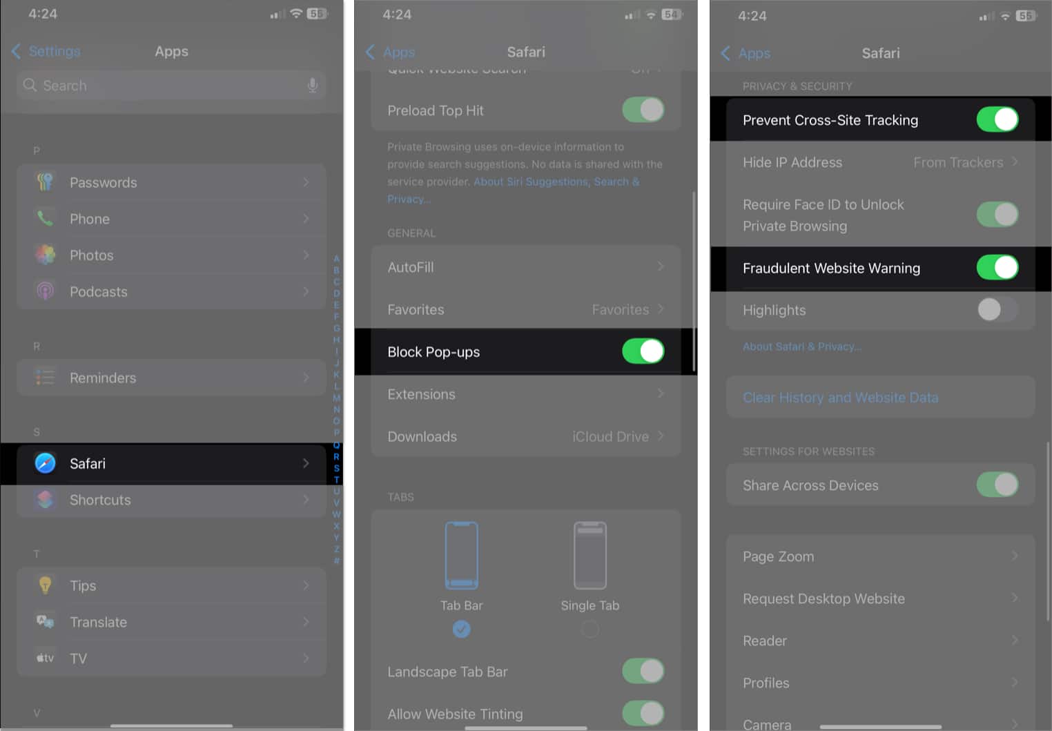 Safari settings for blocking browser pop ups on an iPhone
