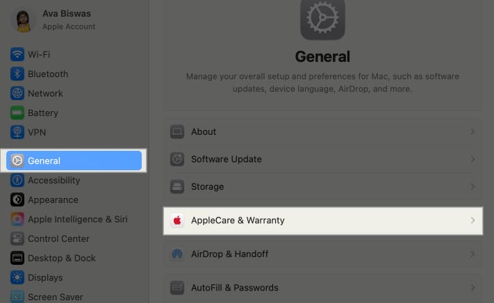 AppleCare  Warranty option in the macOS Settings app