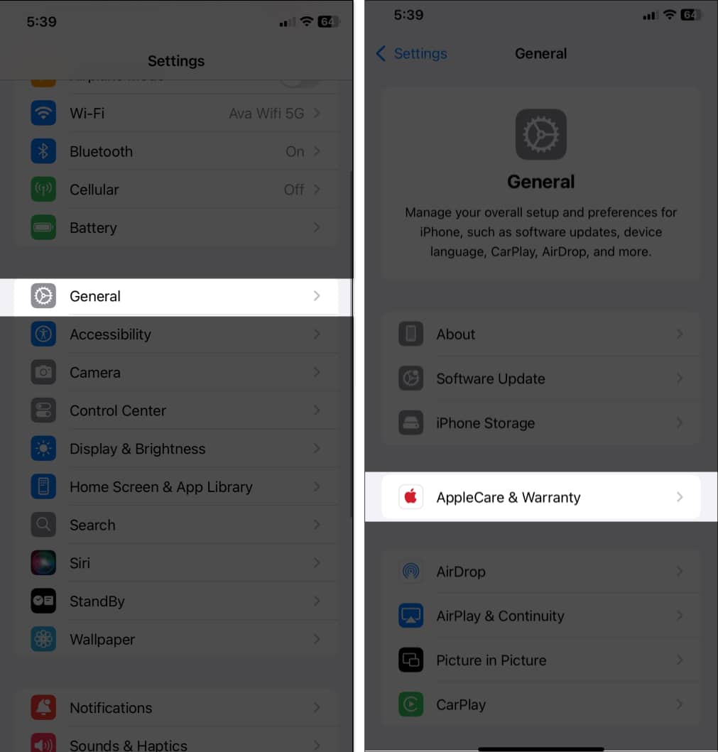 AppleCare  Warranty option on the General settings page in the iPhone Settings app