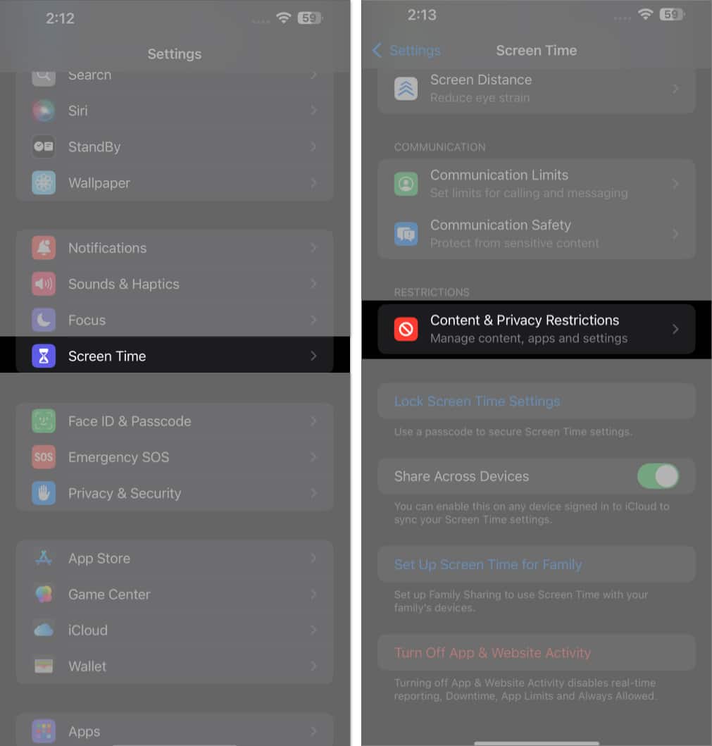 Select Content and Privacy Restrictions from Screen Time settings