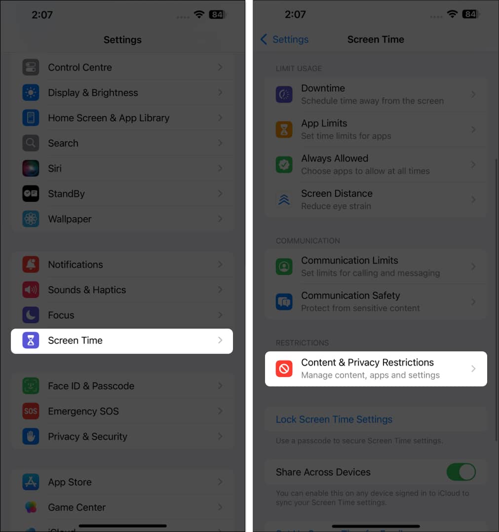 Content  Privacy Restrictions option in Screen Time settings on an iPhone