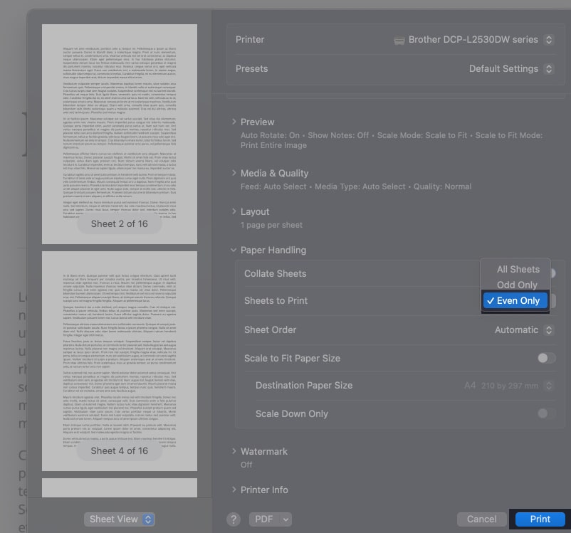 Select Even Only in Sheets to Print section and Print