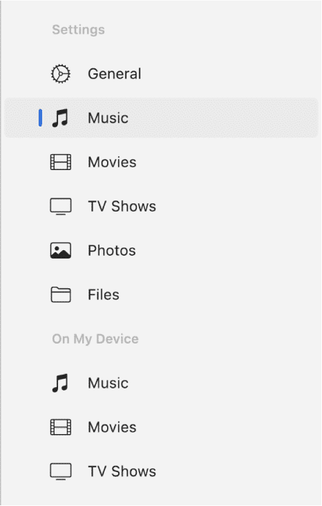 Music option in the left pane in the Apple Devices app