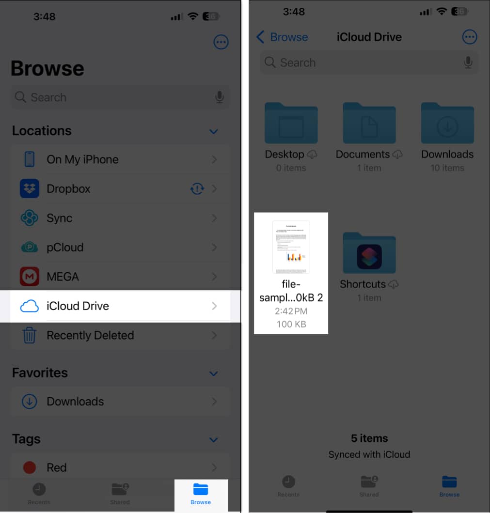 Accessing Safari downloads under  iCloud Drive in the Files app on an iPhone